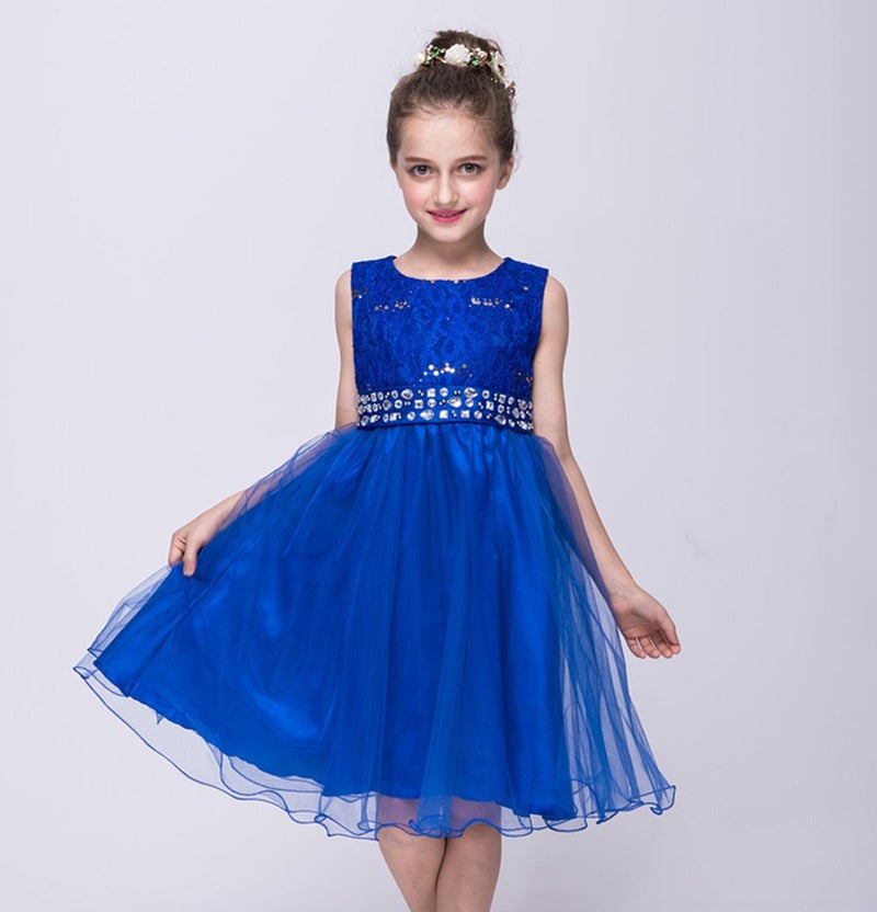 DreamHigh Wedding Flower Girl's Sequined Shining Crystal Waist Evening Dress up Royal Blue 11-12 Years - Image 2